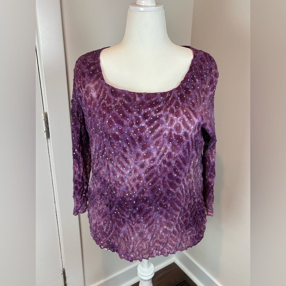 Dressbarn Sparkly Purple Sequin Lace 3/4 Sleeve Top – Party • Fits M–XL